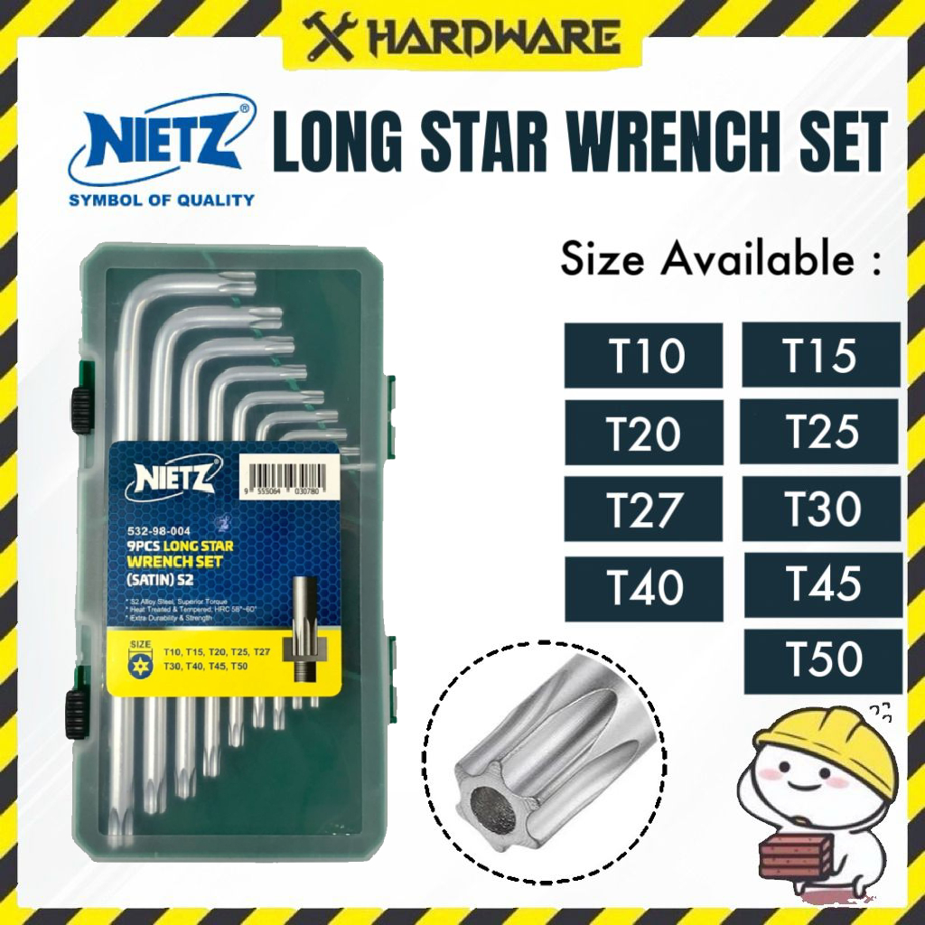 NIETZ 9 ชิ้นชุดประแจดาวยาว (SATIN) S2/Heavy Duty Allen Key L-Wrench/Allen Key Star/ไขควง Spanner Key