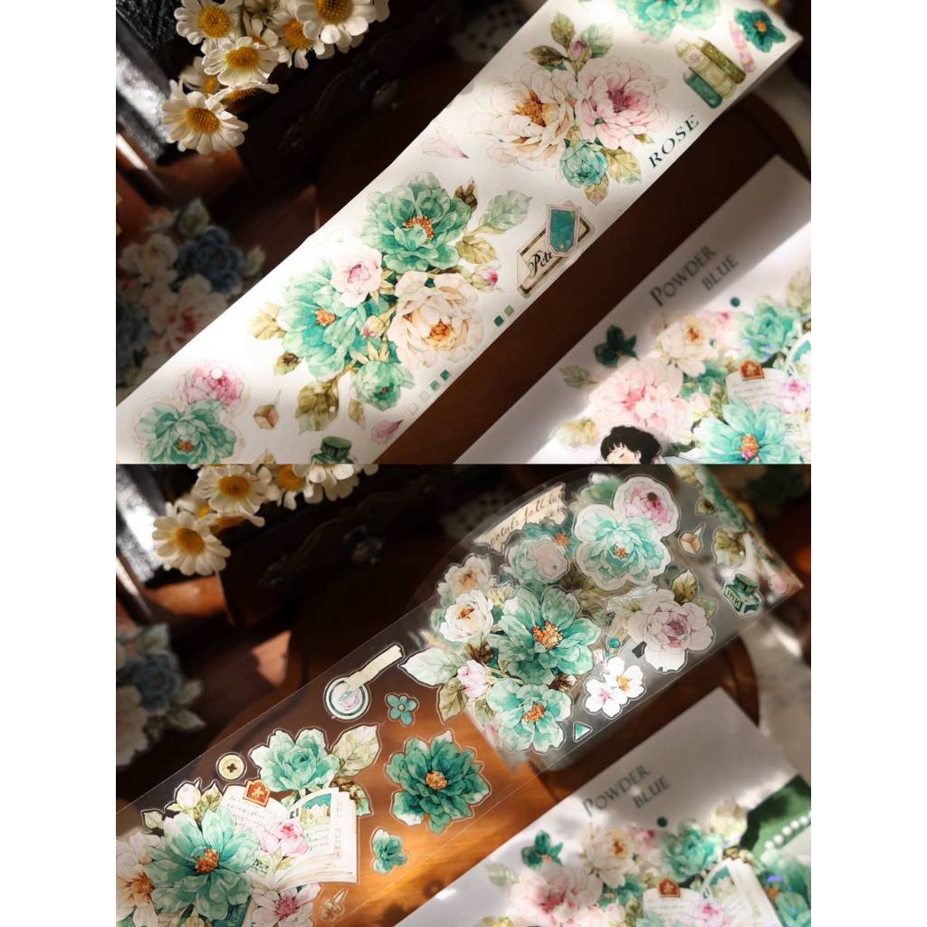 Yier ~ Painting Dream-สีเขียว/สีฟ้า Retro ดอกไม้คู่มือ Washi เทปน้ํามันพิเศษ + การตัดเทปตายบรรจุหนึ่