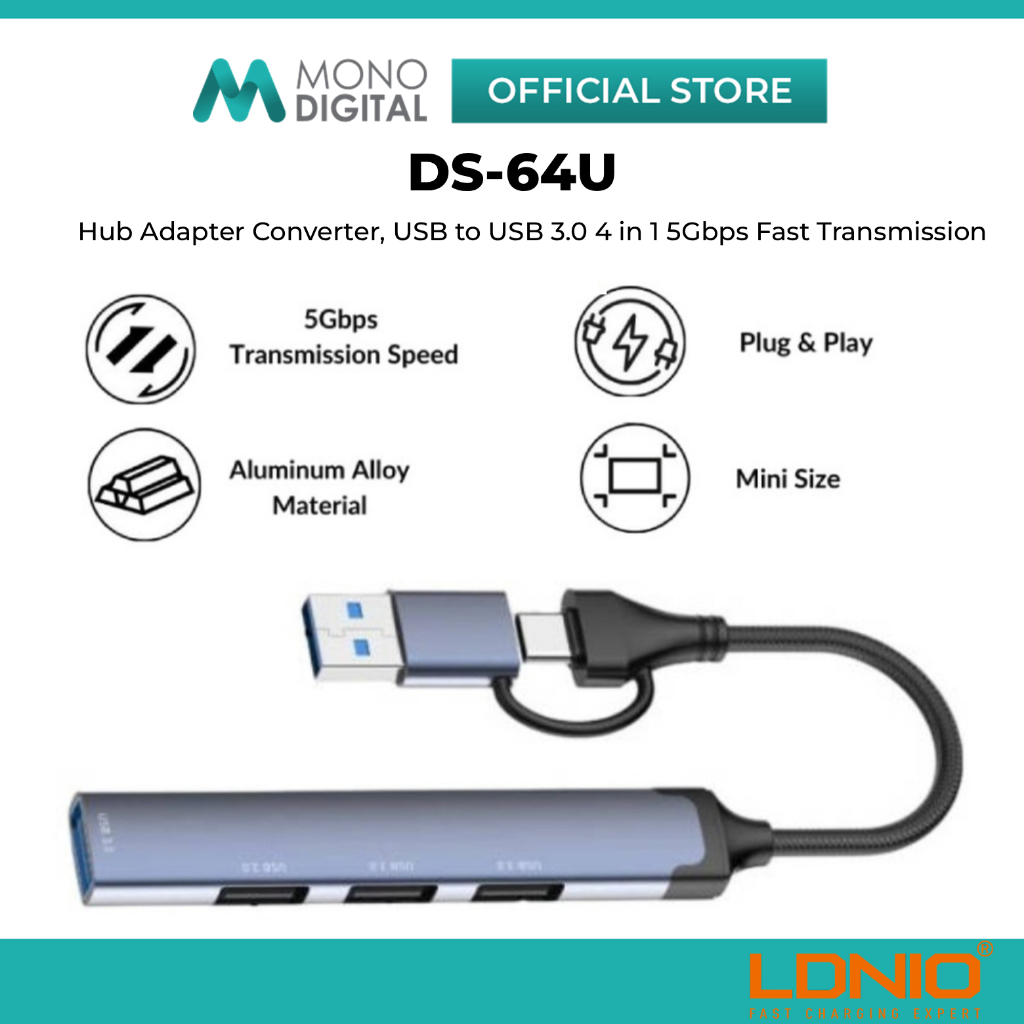 LDNIO DS-64U/DS-64C USB HUB ADAPTER CONVERTER MULTIPLE PORTS TYPE C 4 IN 1 5GBPS 480MBPS ความเร็ว FA