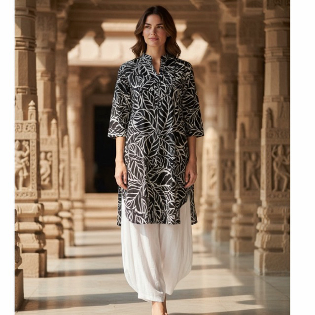 PURE COTTON, Midi Kurti ปกแมนดาริน - Pakaian kurti ผู้หญิง panjang