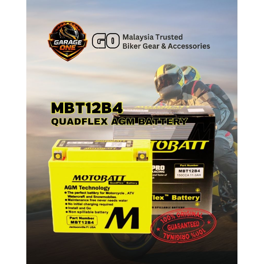 Motobatt MBT12B4 QuadFlex แบตเตอรี่รถจักรยานยนต์ 12V 12Ah 165CCA AGM Maintenance ฟรีเปลี่ยน YT12B-BS