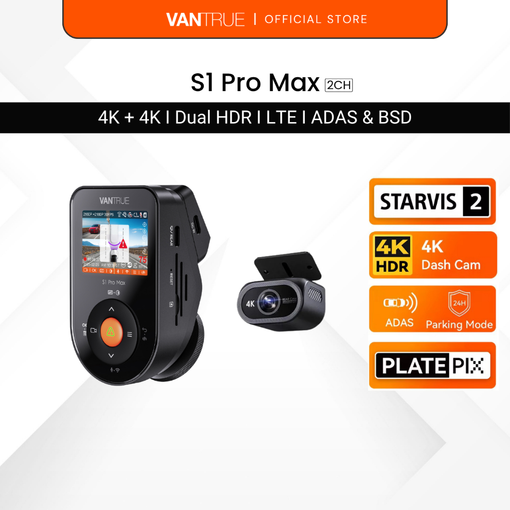 Vantrue S1 Pro Max Dash Cam - 4K+4K I PlatePixTM I Sony STARVIS 2 I โหมดที่จอดรถ