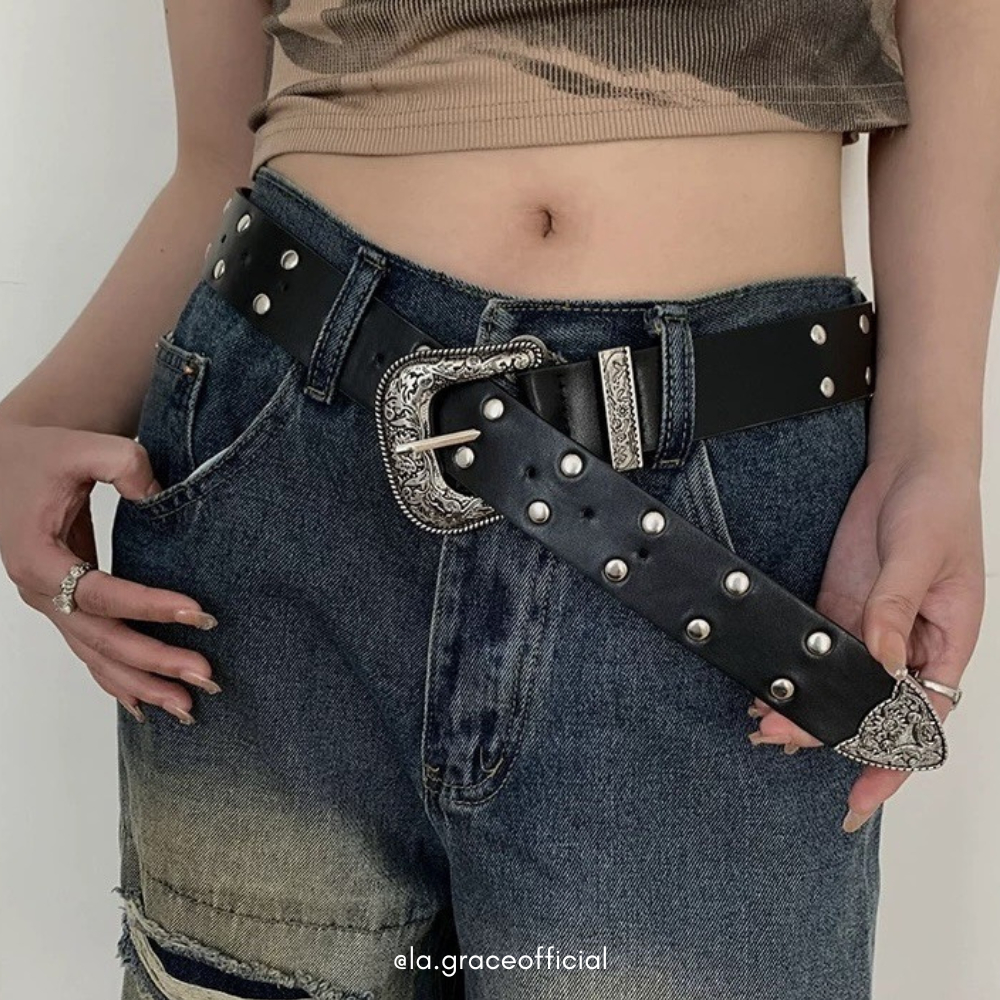 LA.GRACE OFFICIALเกาหลี Y2K Studded เข็มขัดหนังผู้หญิง Vintage Western Silver Buckle Punk Street กาง