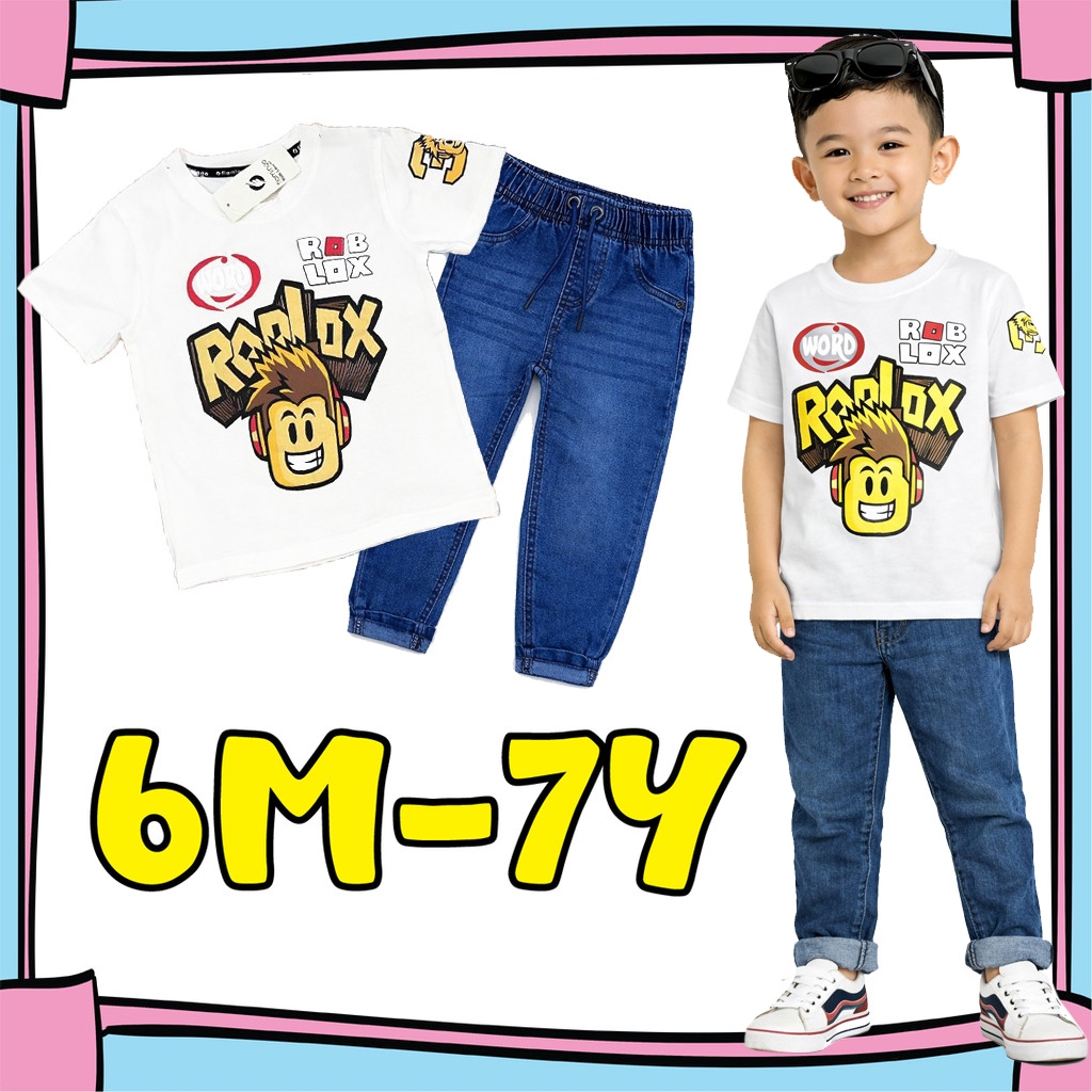 (6M-7Y) WHITE Boys Ro-Blox Shirt and Jeans Set ชุดยีนส์เด็ก/ชุดยีนส์เด็ก