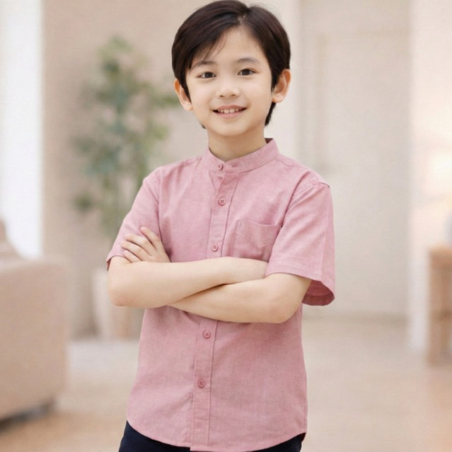 MERAH UNGU KEMEJA ปกแวน เสื้อแขนสั้นเด็กชาย ปกแมนดารินธรรมดา เสื้อเด็ก สีเขียว สีม่วง สีน้ําตาล แดง 2–16 ปี