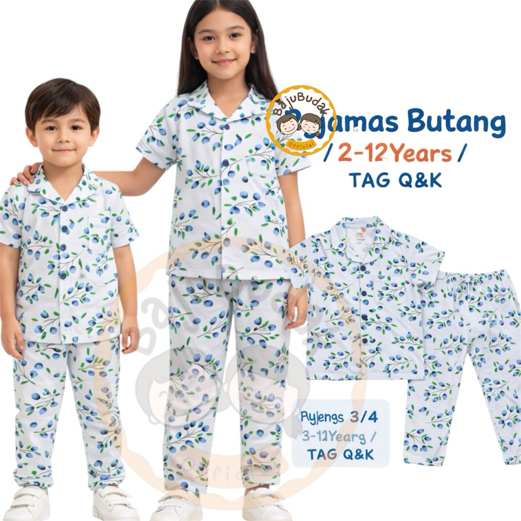 2Y-12Y ️Q&K ️BLUEBERRY ️PYJAMAS BUTANG KEMEJA BIG KIDS COTTON BOY SHORT SLEEVE BUTTON LONG PANT