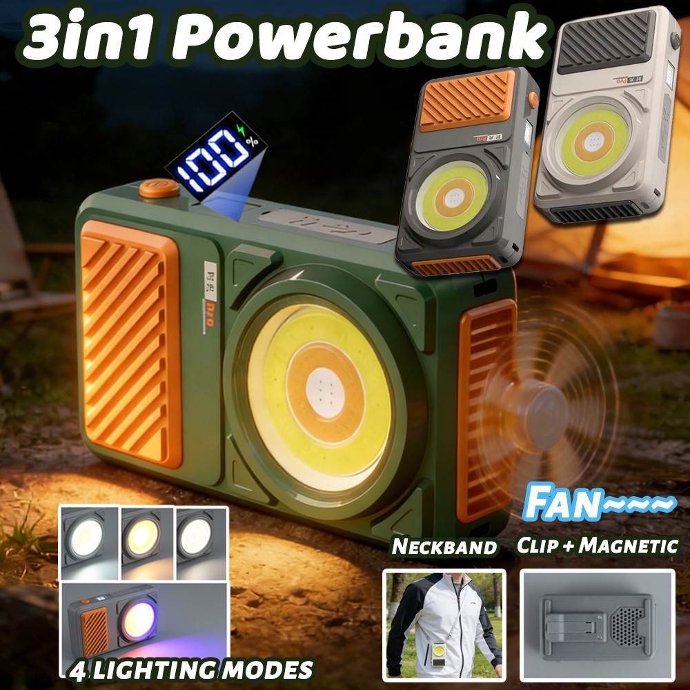 3in1 Fan & Camping light & Powerbank พัดลมพับได้ Fast Charging ไฟฉาย & ความจุขนาดใหญ่ Mobile Power B