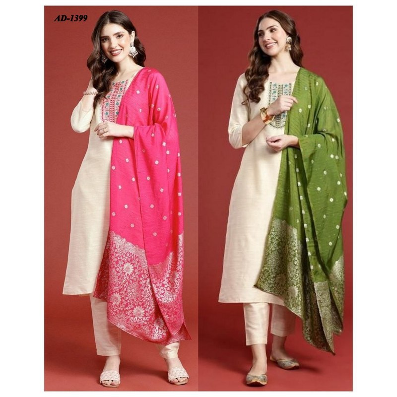 AD-1399~M ถึง 2XL~เรยอนสลูบที่สวยงามพร้อมงานปัก Kurti Pant Dupatta