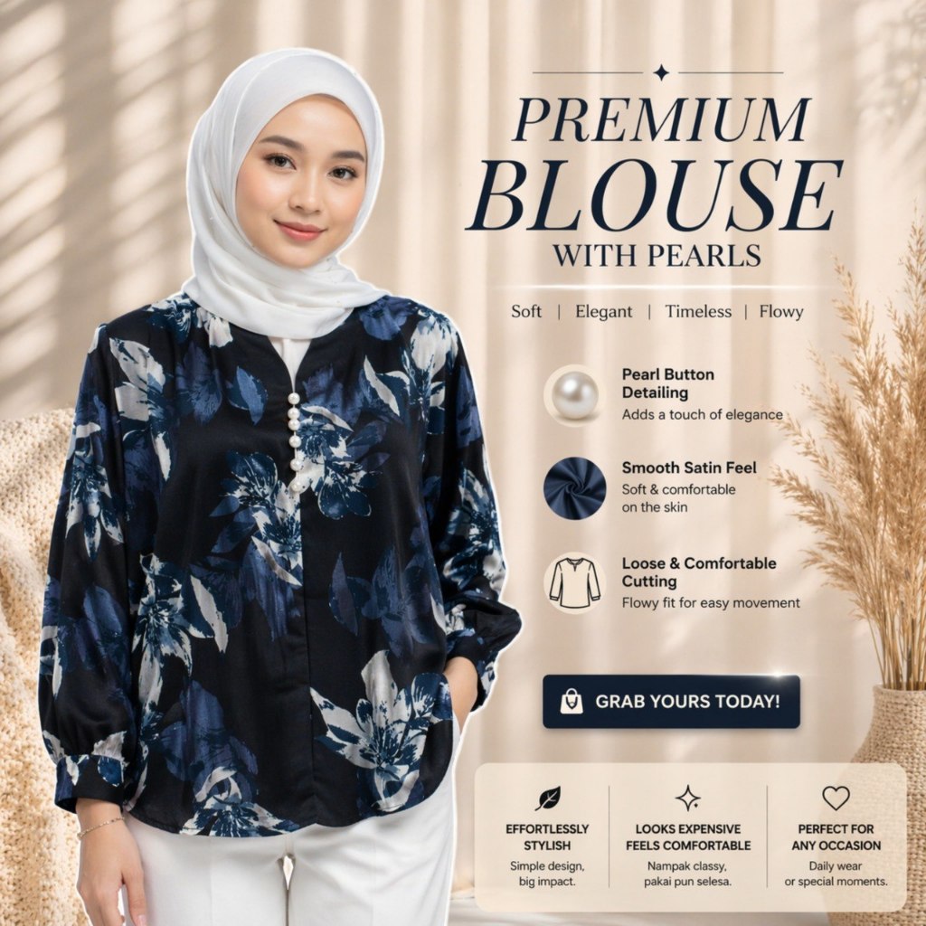 TRISSA : PREMIUM PEARL FLORAL BLOUSE SOFT AND COOL SATIN MATERIAL A4420