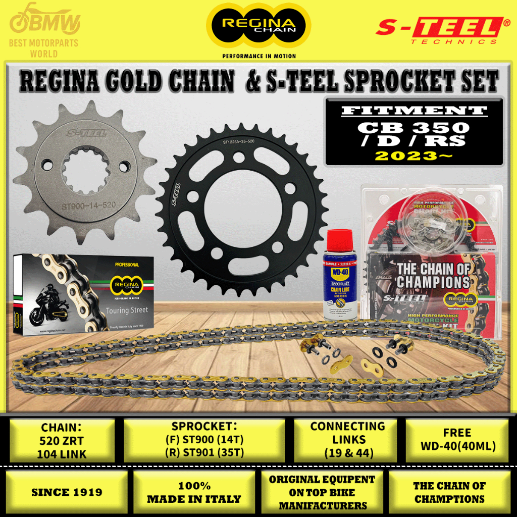 REGINA CHAIN + S-TEEL SPROCKET KIT HONDA CB350 / CB350D / CB350RS (2023~)| 520 ZRA / ZRT |104ล|14T /