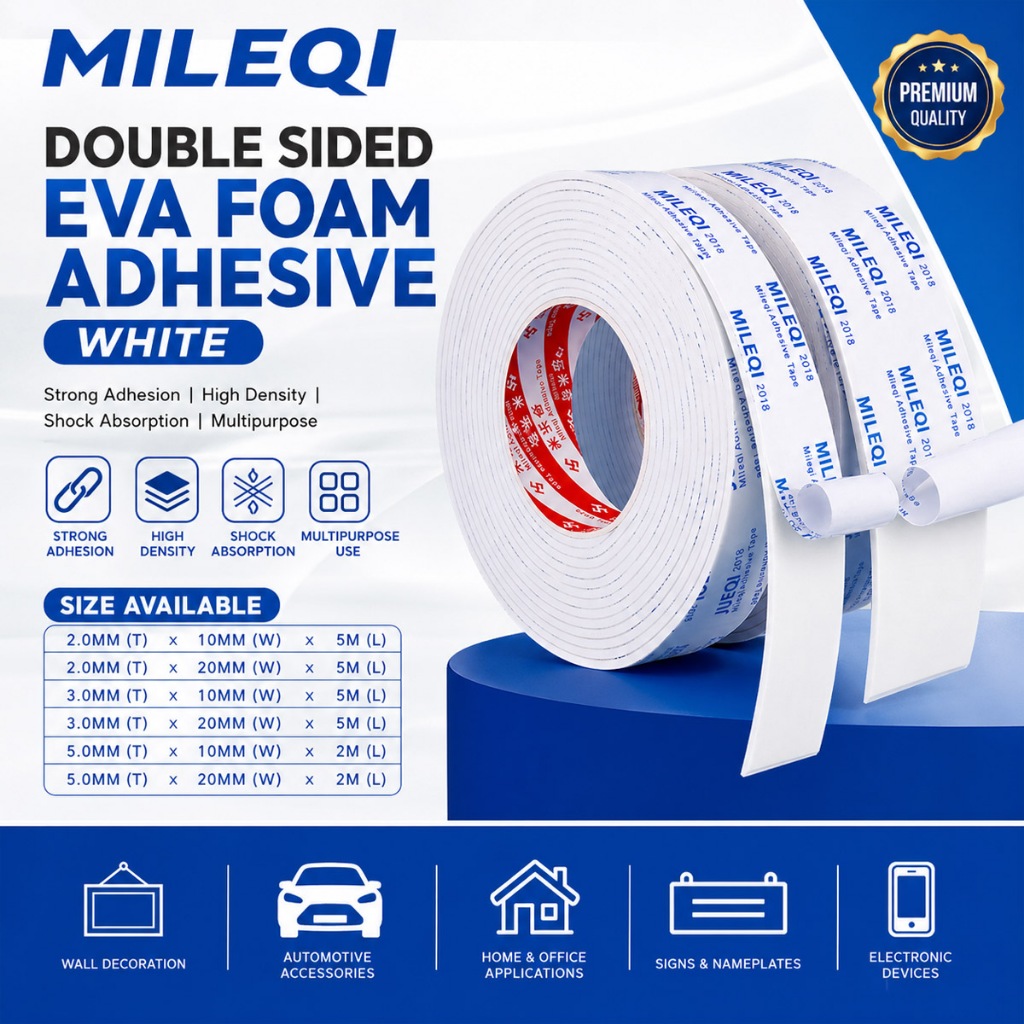 Mileqi กาวโฟม Eva สองด้าน - เทปโฟมสองหน้าสีขาว 2.0/3.0/5.0 มม. (T) x 10 มม./20 มม. (W) x 2M/5M (L)