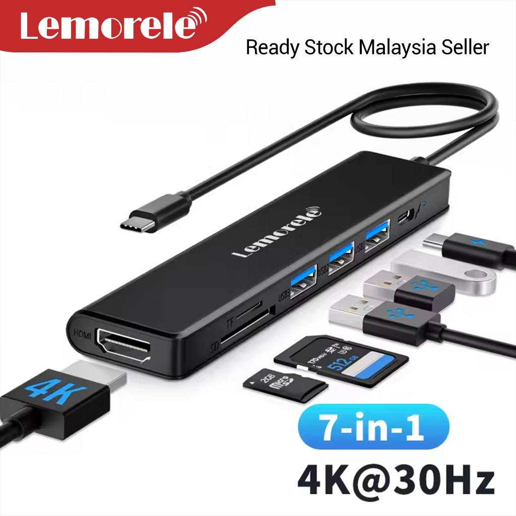 Lemorele TC70 USB-C Hub 7-in-1 4K HDMI PD 100W Ethernet SD TF USB 3.0 Docking Station สําหรับแล็ปท็อ