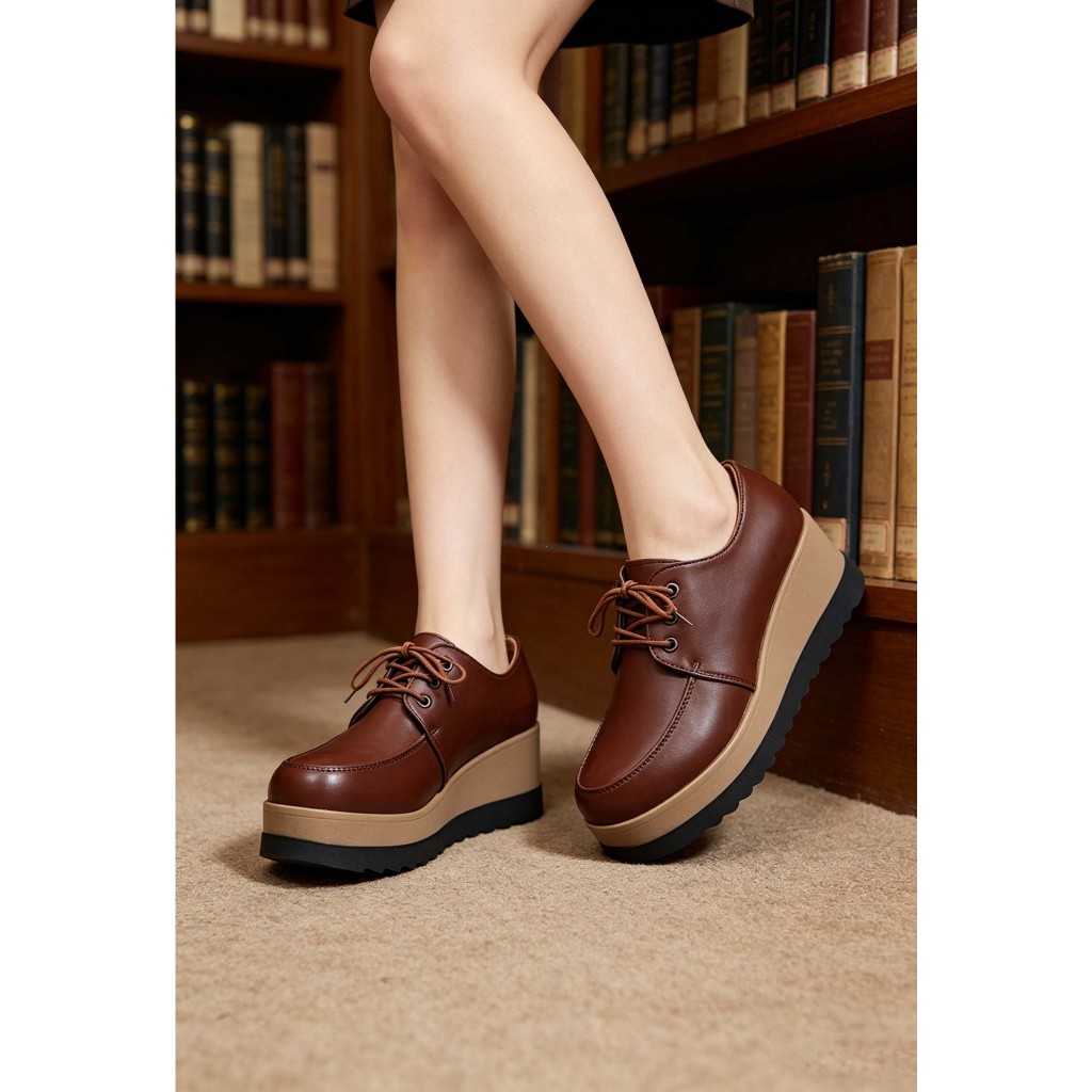 Kasut Wanita Wedge Shoes Womens Platform Lace-Up Oxford Shoes Kasut Kerja Perempuan