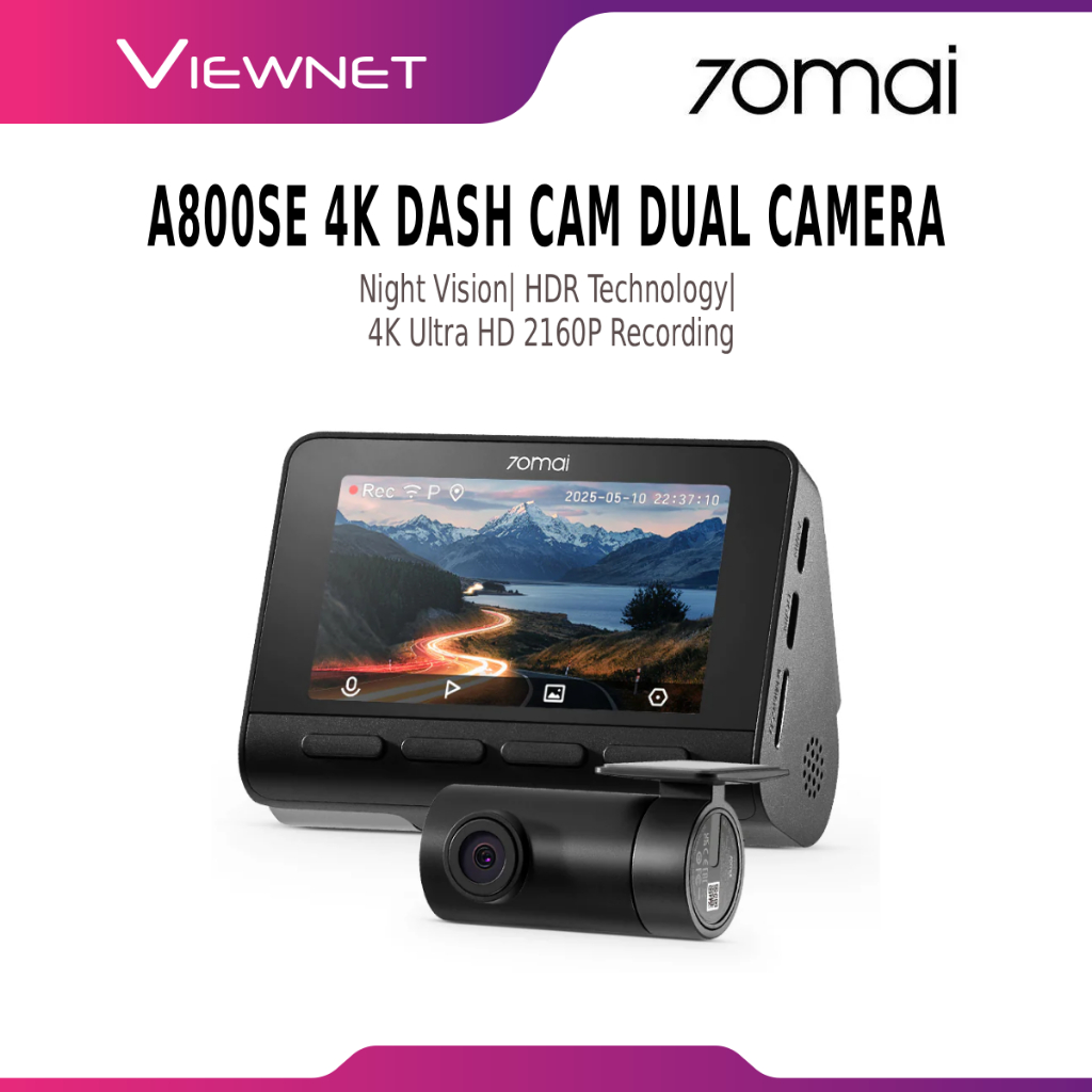 70mai A800SE 4K Dash Cam Dual Camera Front Rear HDR Built-in WiFi GPS Car Recorder Night Vision Park