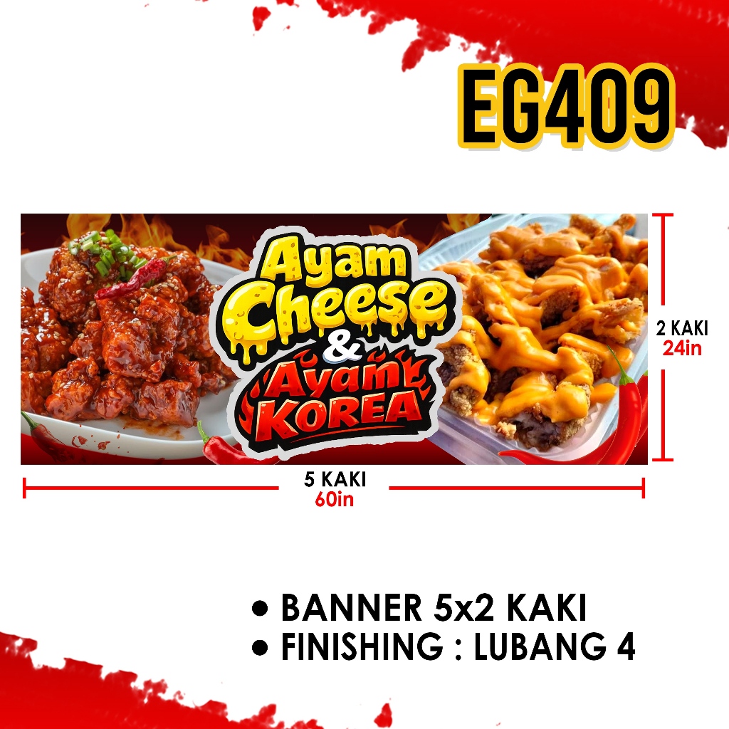 DESIGN MADE PAKEJ BANNER DAN BUNTING DESIGN AYAM CHEESE & AYAM KOREA