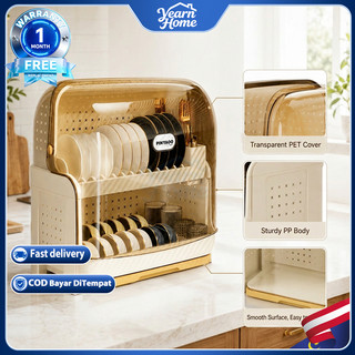 IKEA Flip-Top Dish Rack with Cover Double Layer Rak Pinggan Anti-Dust Large Capacity with Drain Tray