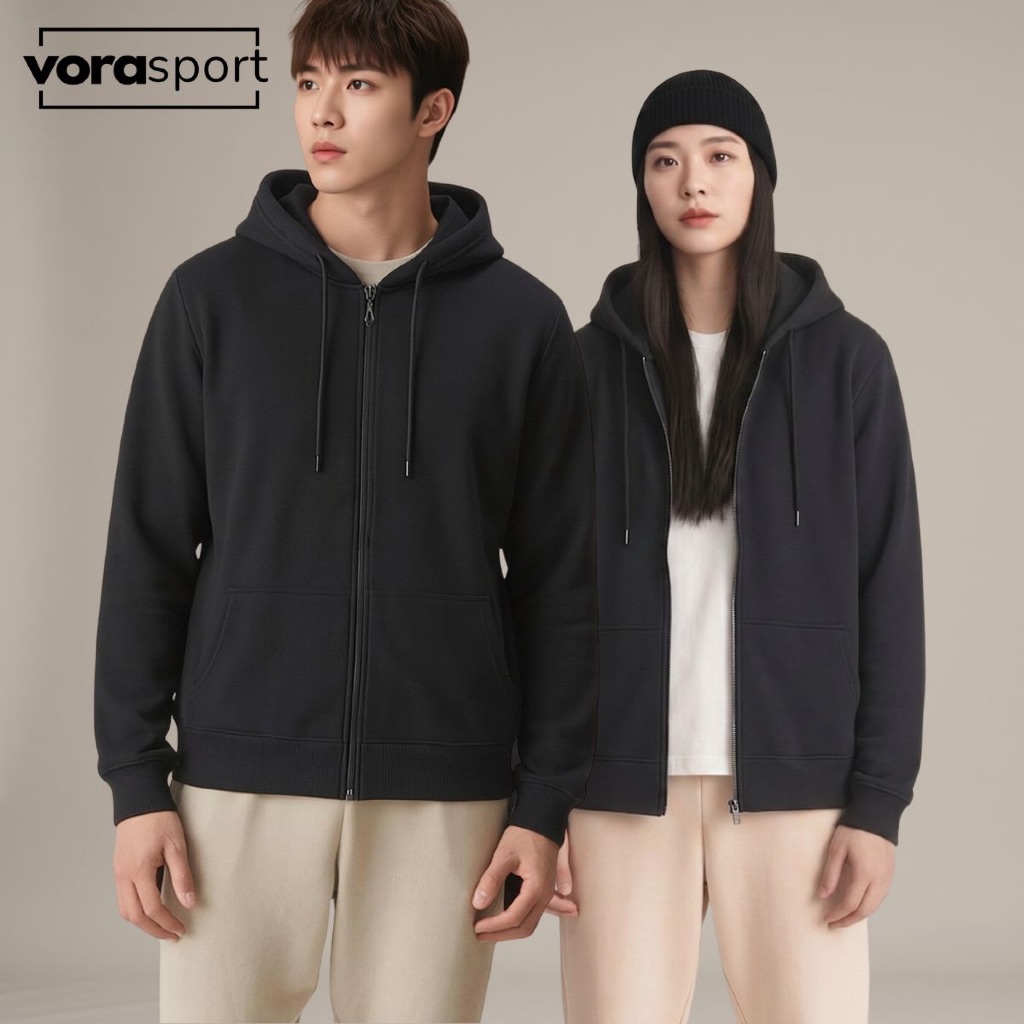 VORA FJK023 Jaket Hooded Unisex Jaket Perempuan Baju Lelaki Zipper Hooded Jacket ผู้ชายผู้หญิงกระเป๋
