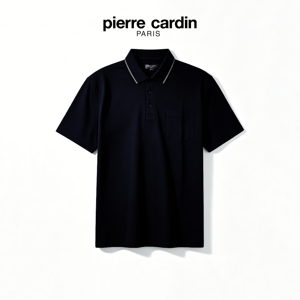 Pierre Cardin Mens Short Sleeve Honeycomb Pique Polo Tee With Jacquard Collar (Regular Fit) - สีกรมท