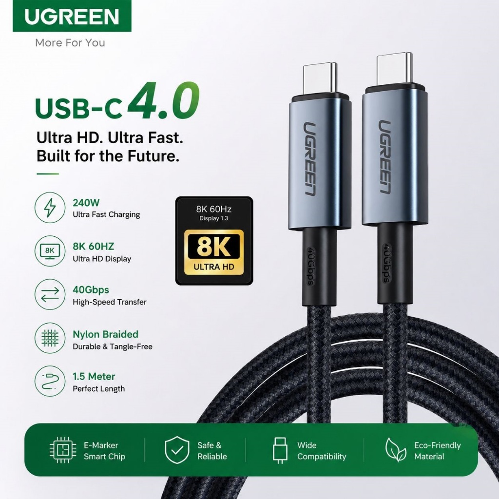 UGREEN 240W สาย USB C ถึง Type C Thunderbolt 3 Fast Charging Video Out สําหรับ Samsung Huawei USB4.0