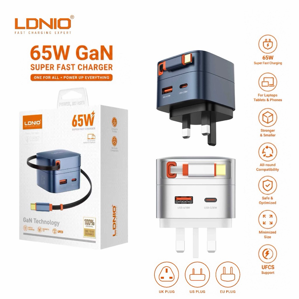 LDNIO Q10 65W Travel Charger GaN Fast Charging UK EU US ปลั๊กอะแดปเตอร์
