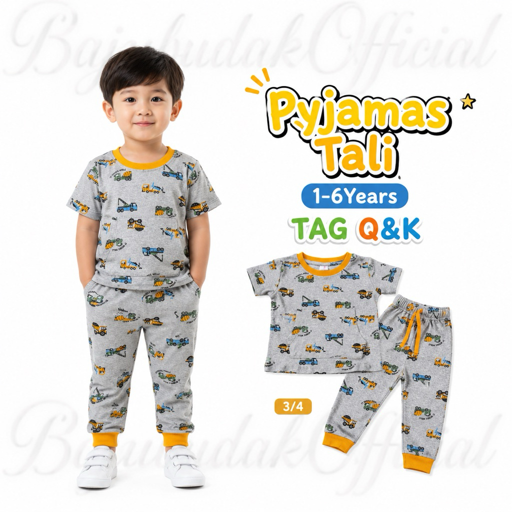 1Y-6Y ️Q&K ️LORRYTRUCKs ️ KANGAROO POCKET COTTON PAJAMAS BOY SHORT SLEEVE ADJUSTABLE LONG PANT