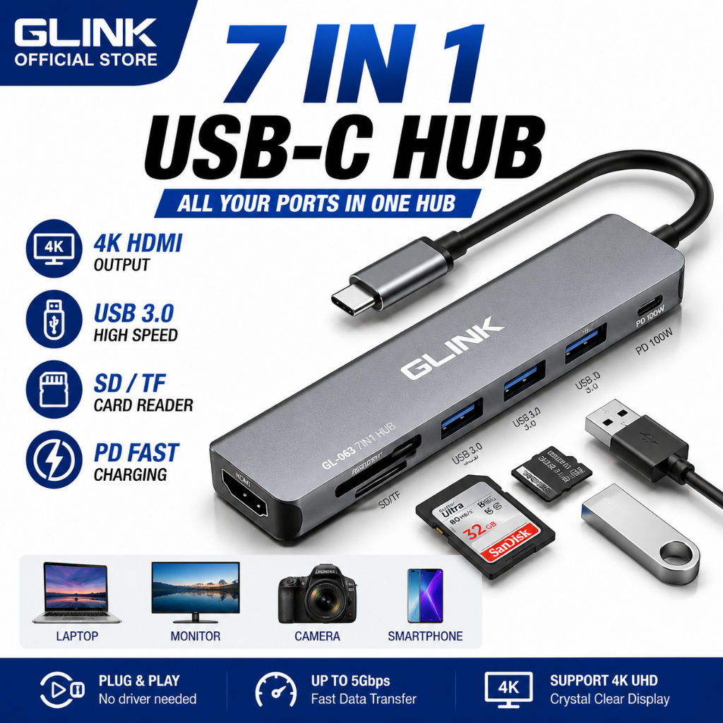 GLINK GL-063-7IN1 HUB TYPE-C TO HDTV พร้อม CARD READER & จัดส่งที่รวดเร็ว