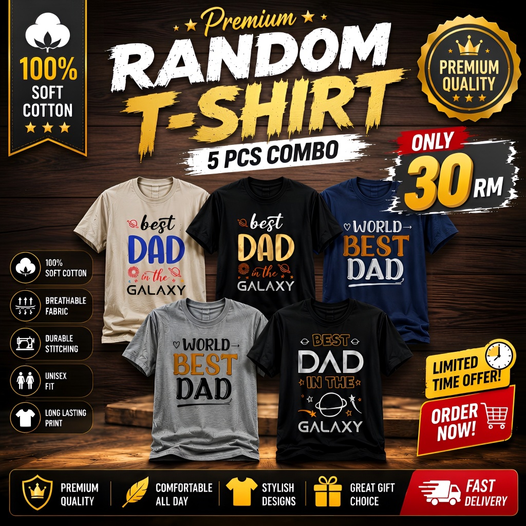 [5 ชิ้น] Unisex Premium Random Graphic Print T-Shirt Combo Soft Cotton Casual Streetwear Fashion Col