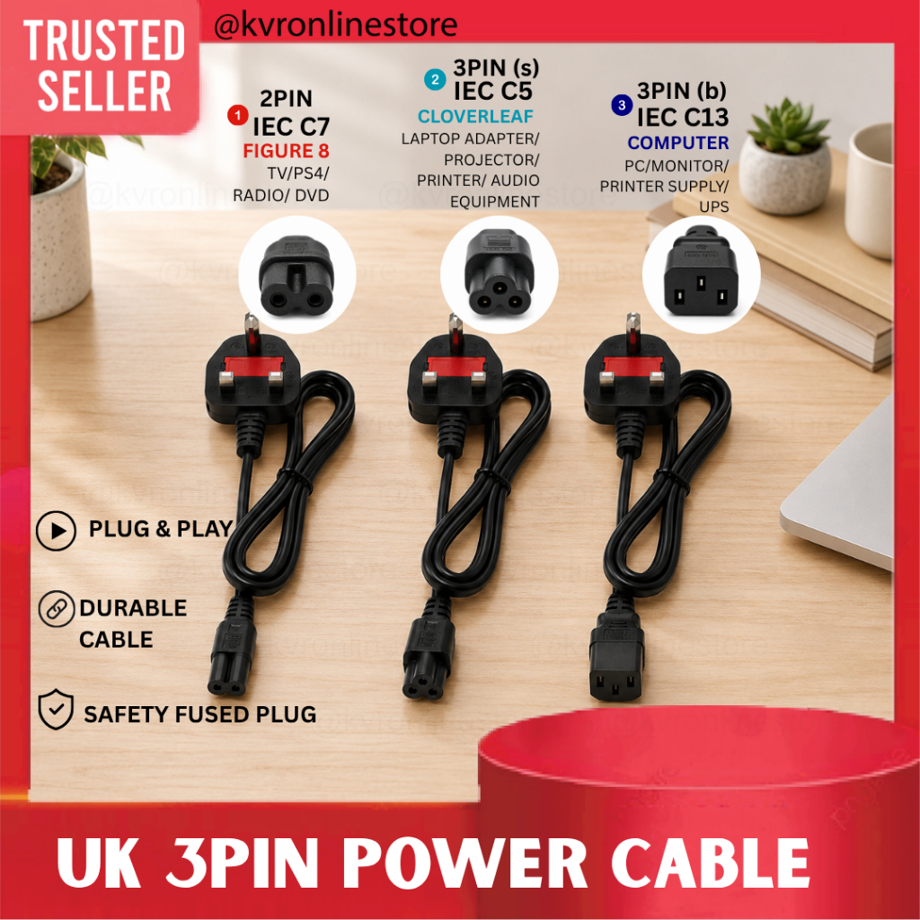 UK 3 Pin สายไฟ IEC C7 รูป 8 IEC C5 Cloverleaf IEC C13 สายไฟ / Kabel Kuasa UK 3 Pin