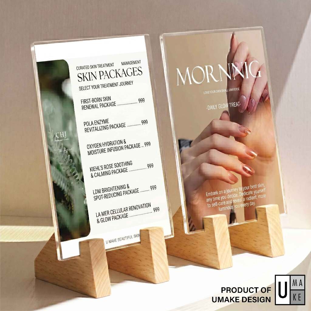 Solid Rubberwood อะคริลิค Standee | ที่วางเมนูคาเฟ่ Flyer Display Poster Stand 2-in-1 Orientation