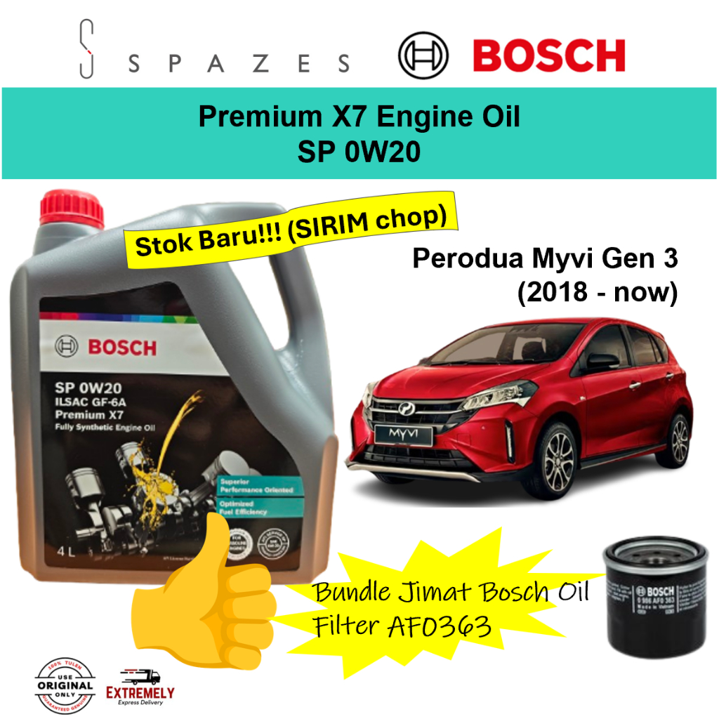 Myvi Gen 3 Minyak Hitam Perodua Myvi Gen 3 Bosch 0W20 X7 น้ํามันเครื่องสังเคราะห์แท้ (4L)