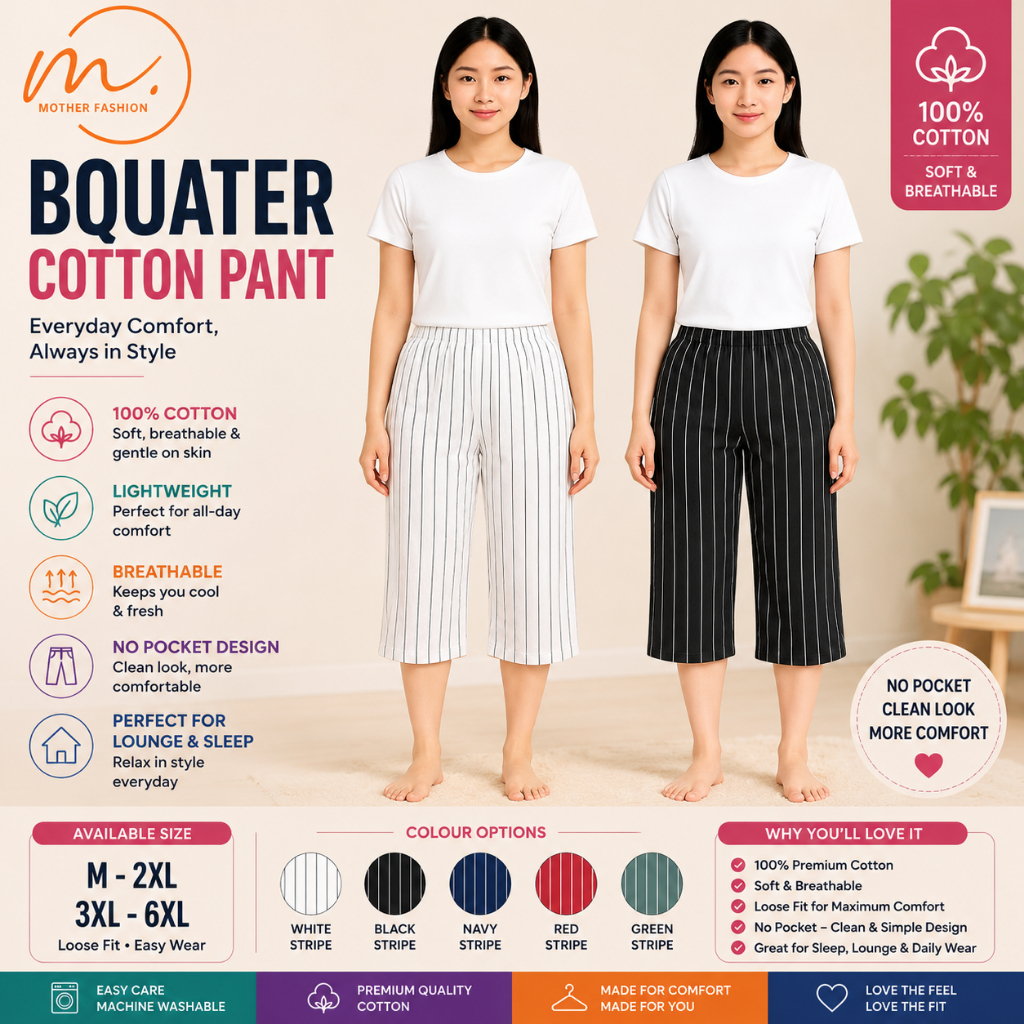 3QUATER SLEEPING PANT STRIP/PRINTED/PELAIN 100% COTTON (SIZE M-6XL)
