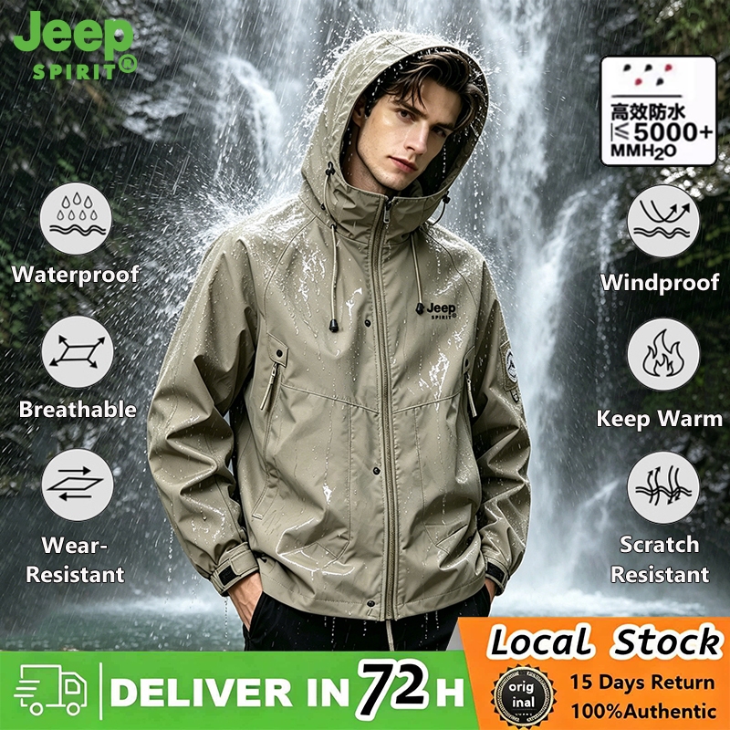 JEEP SPIRIT เสื้อแจ็คเก็ตกันน้ําสําหรับผู้ชายเสื้อแจ็คเก็ตเดินป่ามีฮู้ดกันลมสีกากี