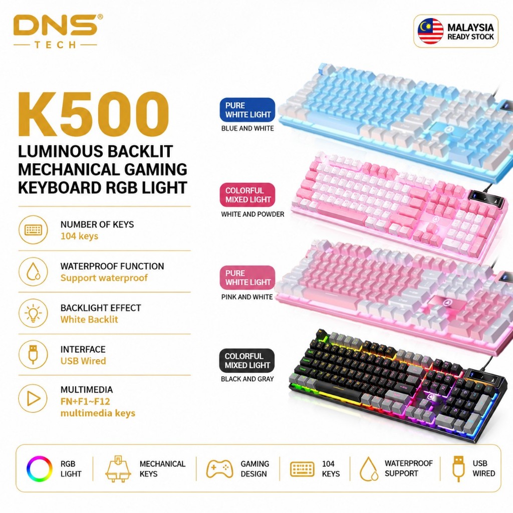 K500 Luminous Backlit Mechanical Gaming Keyboard RGB Light Suspended Keycap การออกแบบตามหลักสรีรศาสต