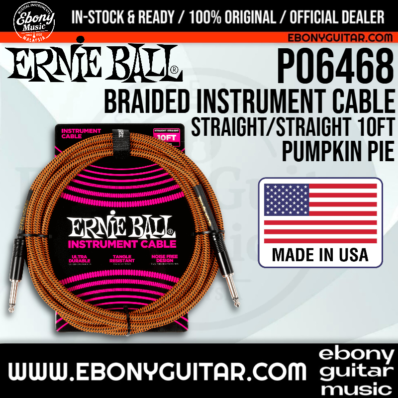 Ernie Ball Braided Instrument Cable 10ft Straight Pumpkin Pie 10 ฟุต Shielded Guitar Patch Cord Erni
