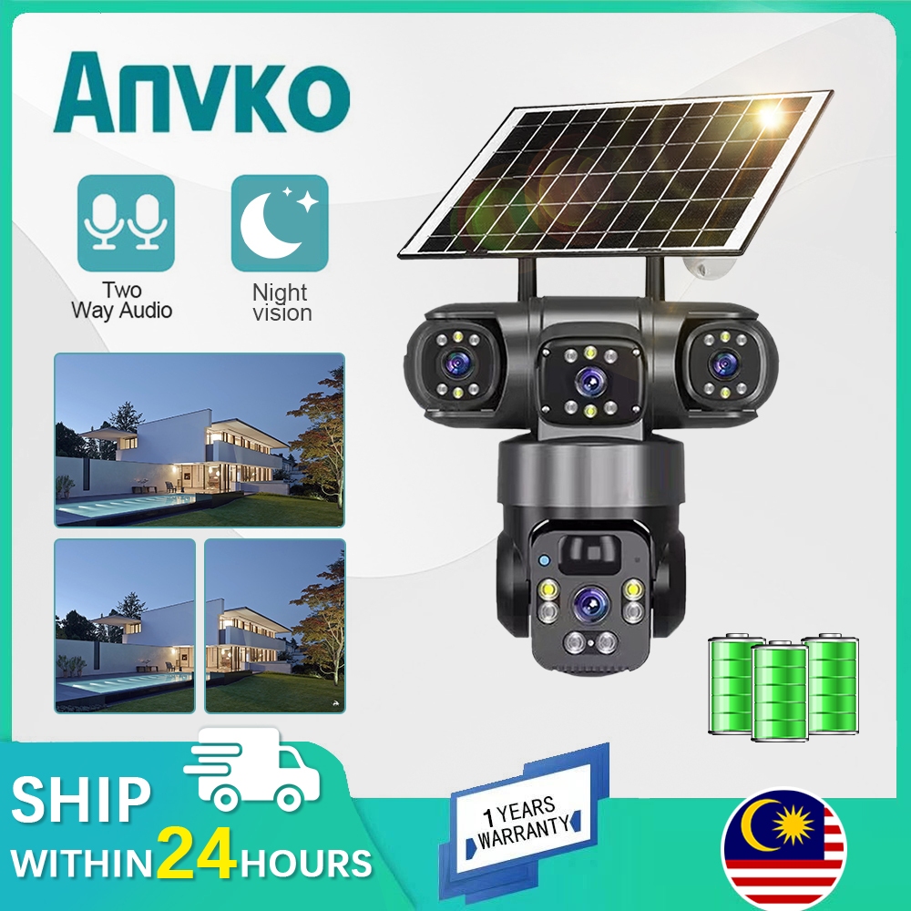 V380 Pro Solar Wireless IP66 กล้องวงจรปิดกลางแจ้ง - 3 เลนส์, 128GB SD Card, 4K, 360 View