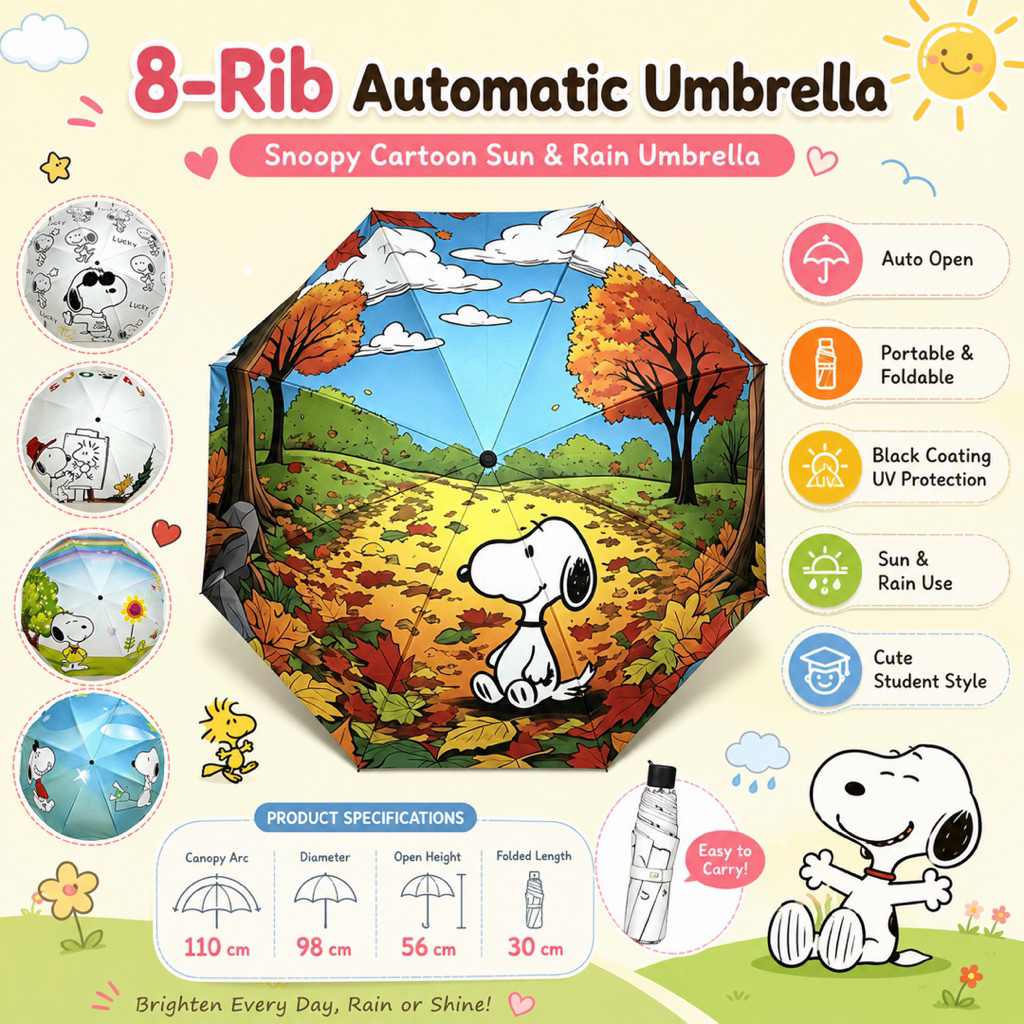 8-Rib อัตโนมัติ Snoopy การ์ตูน UV Protection ร่มพับ – ร่ม Sun & Rain แบบพกพา STEES 比防晒