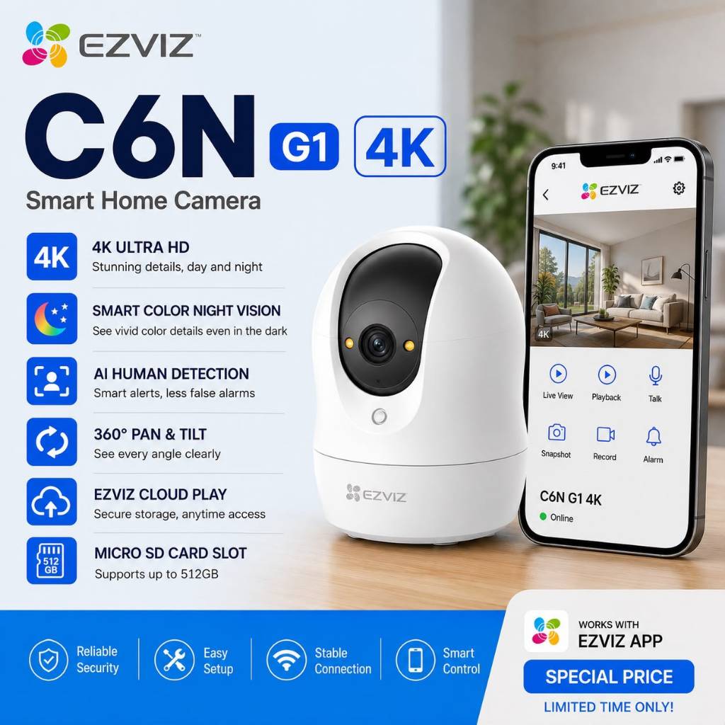 HIKVISION กล้องวงจรปิด EZVIZ (ยี่ห้อ Global Top) SMART HOME WIFI CAMERA |C6N G1 | 4K/3K | Indoor 360