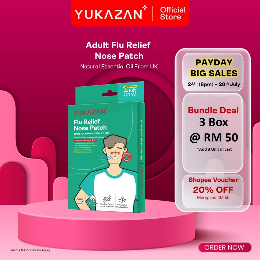 Yukazan Flu Patch แผ่นแปะจมูกบรรเทาฟลูสําหรับผู้ใหญ่ 6S G6PD Friendly เหมาะสําหรับผิวแพ้ง่าย / Sinus / Blocked Nose