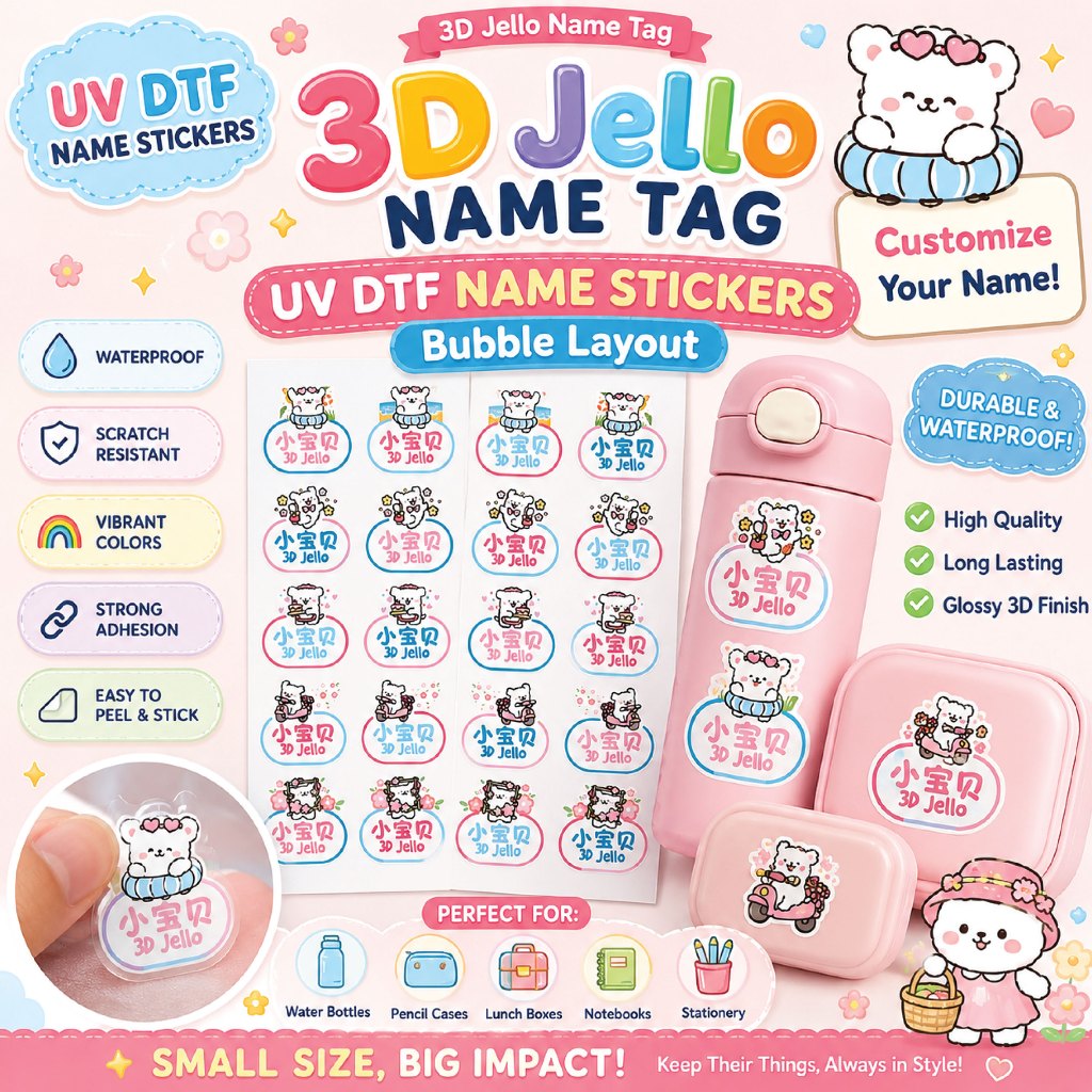 3D Jello สติ๊กเกอร์ชื่อป้าย UV DTF Nama (1 ชิ้น Bubble Layout) B