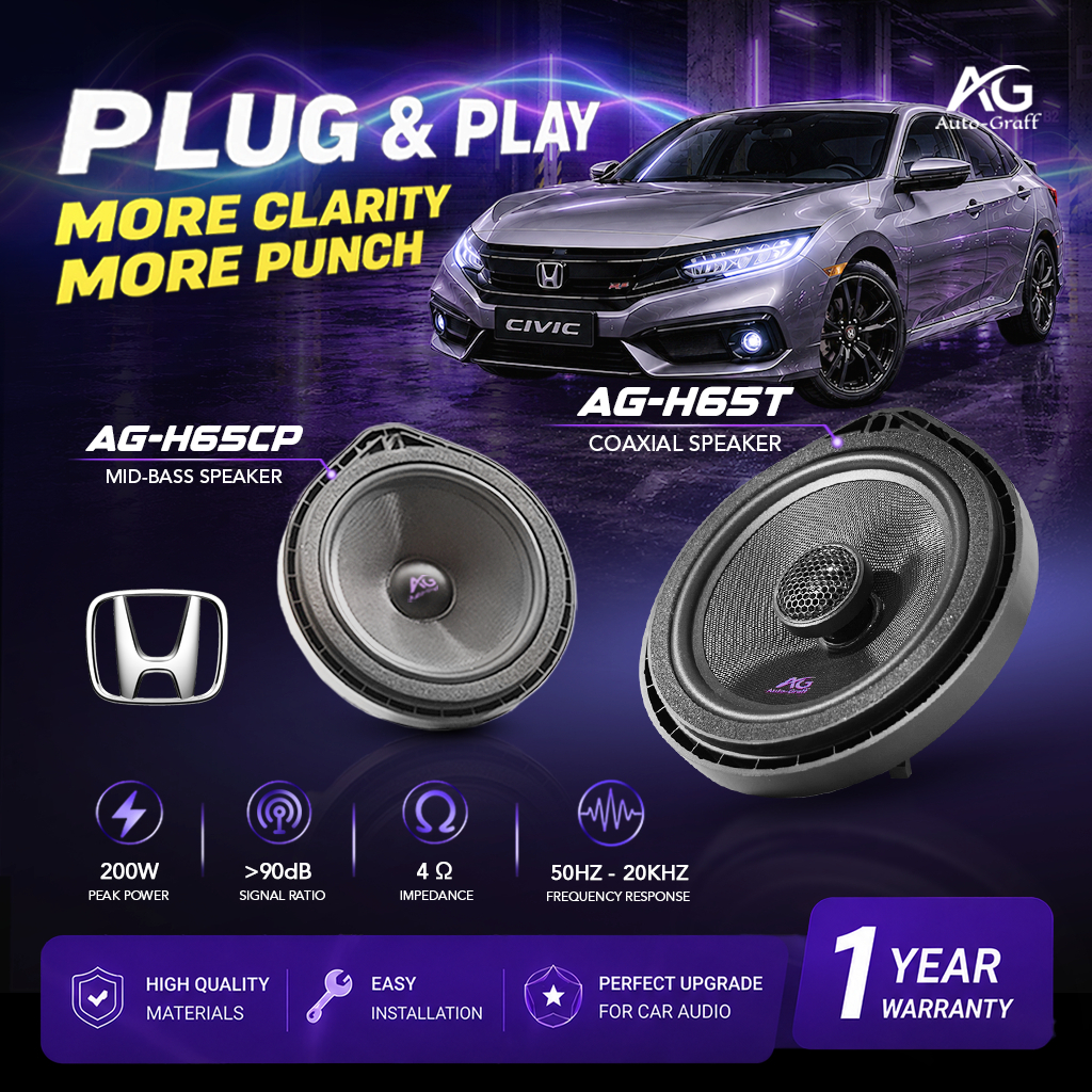 Auto-Graffix 6.5 "ลําโพงรถยนต์ด้านหน้า Coaxial AG-H/T65T + ด้านหลังกลางเบส AG-H/T65CP Honda Plug & P