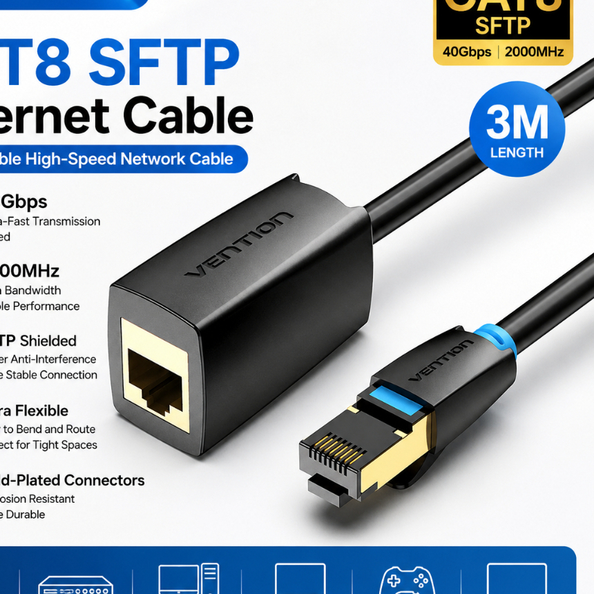 VENTION ULTRA FLEXIBLE CAT8 SFTP สาย ETHERNET สีดํา 3M