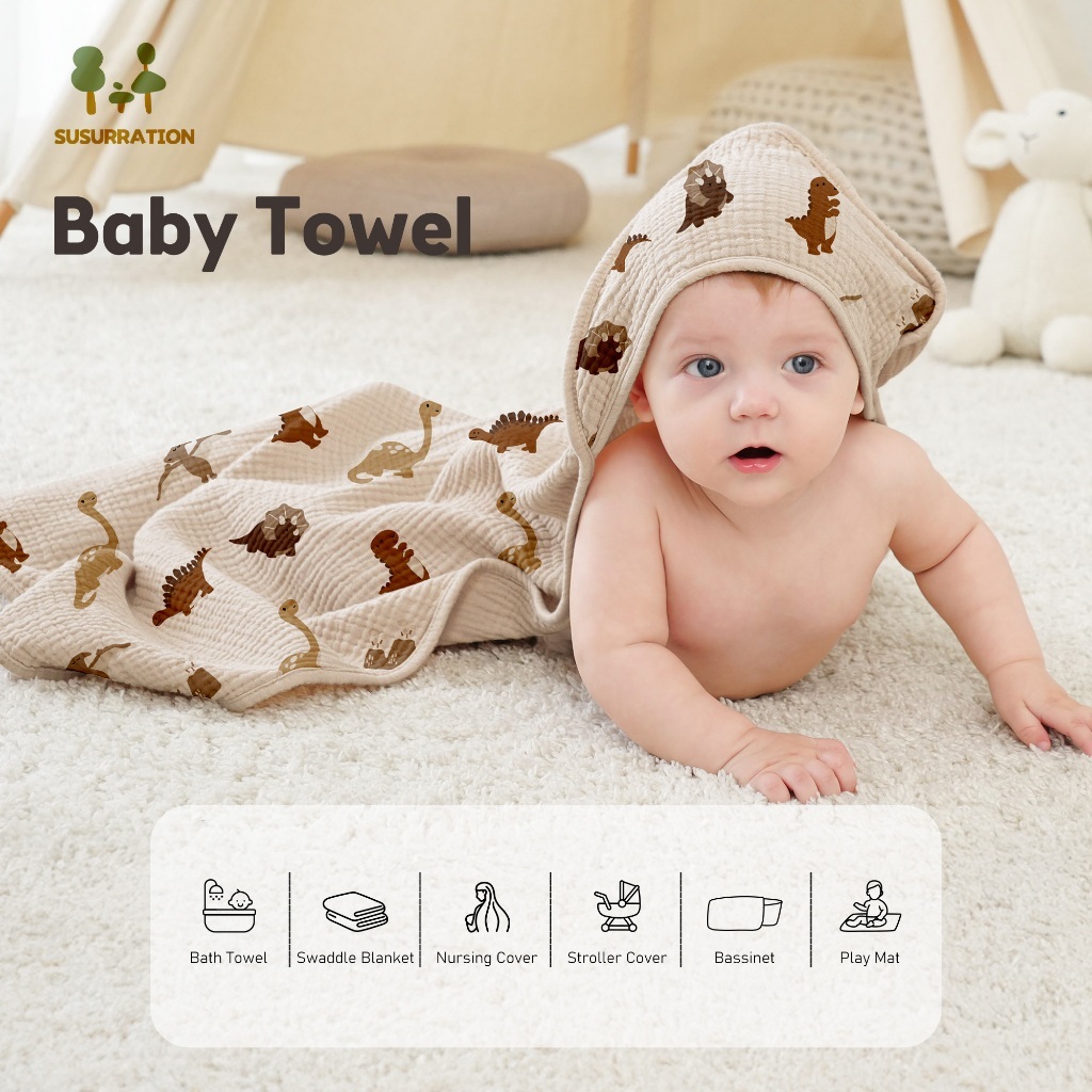 Bearmoss Hooded Bath ผ้าเช็ดตัวเด็ก Muslin ผ้าฝ้าย Tuala Mandi Bayi ดูดซับได้ดี Bedung Instant Wrap 