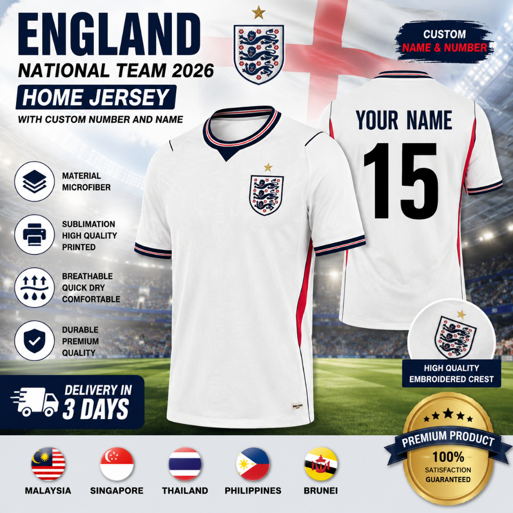 [ชื่อและหมายเลขที่กําหนดเอง] England World Cup 2026 Home Away Jersey Kit ไมโครไฟเบอร์แห้งเร็วสบาย Un