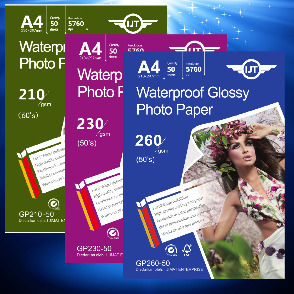GP210-50 GP230-50 GP260-50 กระดาษภาพถ่ายเคลือบเงาพิมพ์ 210gsm 230gsm 260gsm พิมพ์ภาพ 50 แผ่น kertas 