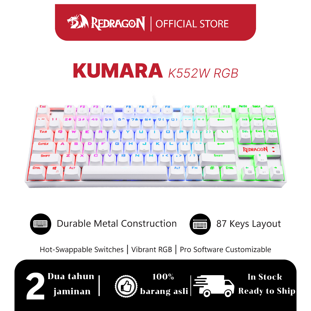 Redragon Kuara K552 RGB 87 คีย์คีย์บอร์ดเกมกลแบบมีสาย TKL ABS-การออกแบบโลหะ - สีขาว