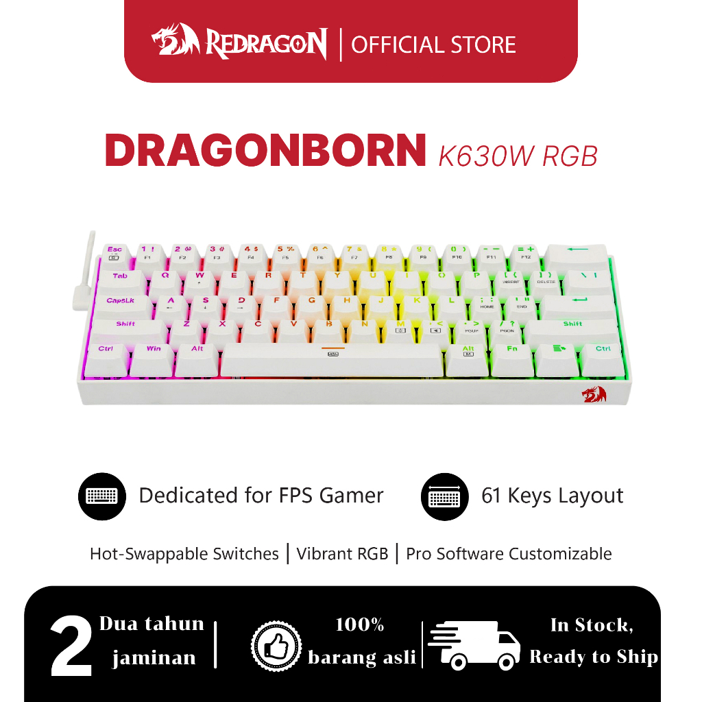 Redragon K630 60% คีย์บอร์ดเกม RGB แบบมีสาย 61 คีย์ คีย์บอร์ดเชิงกลขนาดกะทัดรัด