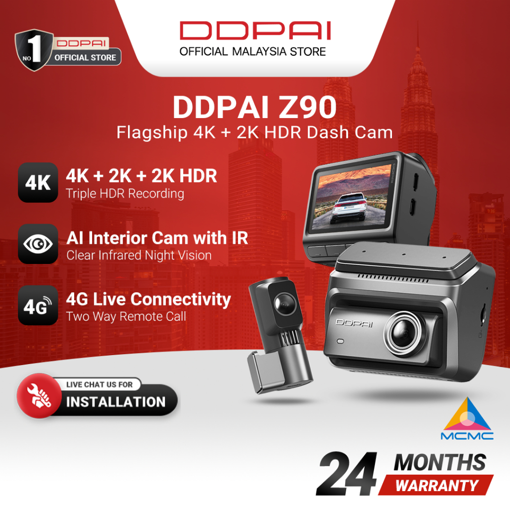 [4K+2K] DDPAI Z90 4K + 2K HDR GPS ด้านหน้าและด้านหลัง Super Capacitor Dash Cam พร้อมการเชื่อมต่อ 4G 