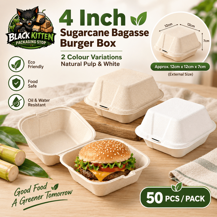 [ 50 ชิ้น ] Sugarcane Bagasse Burger Box 4 นิ้ว Burger Box ย่อยสลายได้ Pulp Burger Box Kotak Burger 