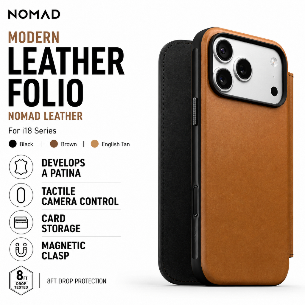 NOMAD Modern Leather Folio Phone Case เข้ากันได้กับซีรีส์ i17/ i18 (หนังแม่เหล็กและโนมาด)