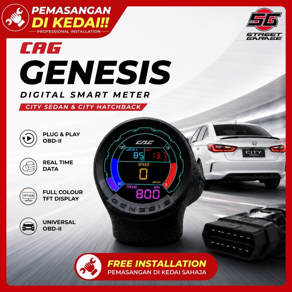 PEMASANGAN DI KEDAI CAG Genesis ดิจิตอลสมาร์ทเมตร OBD2 Plug & Play TFT LCD รถวัดเวลาจริง Universal O